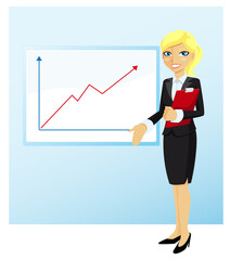 Happy young businesswoman with documents showing data on flip chart