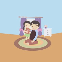 vector illustration of child and father playing together at home, white background