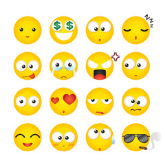 Yellow face emoji collection on white background, Set of smiley emoji characters, Emoticon, Emotion set, Icon, Expression, Vector illustration.