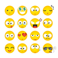 Fototapeta premium Yellow face emoji collection on white background, Set of smiley emoji characters, Emoticon, Emotion set, Icon, Expression, Vector illustration.