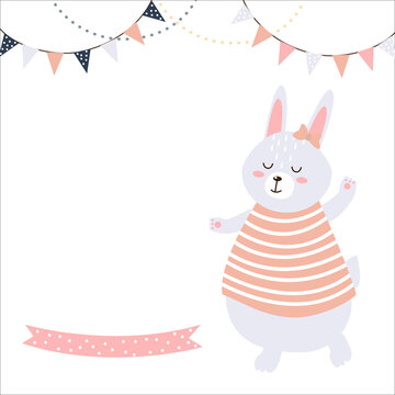 illustration of a cute bunny in a pink striped dress on a white background. place for text. festive garland flags of gray pink violet color. for design, cards, metrics, invitations. flat style. vector