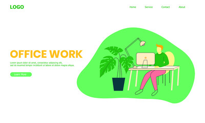 Fototapeta premium Office Work's Website With Illustration Of Men Working In Desk At Workspace 