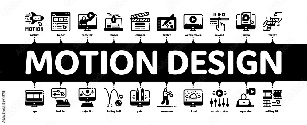 Fototapete Motion Design Studio Minimal Infographic Web Banner Vector. Movie Motion Redactor Programme On Computer Screen And Video Player, Filmstrip And Clipboard Illustration