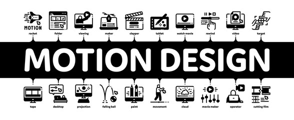 Motion Design Studio Minimal Infographic Web Banner Vector. Movie Motion Redactor Programme On Computer Screen And Video Player, Filmstrip And Clipboard Illustration