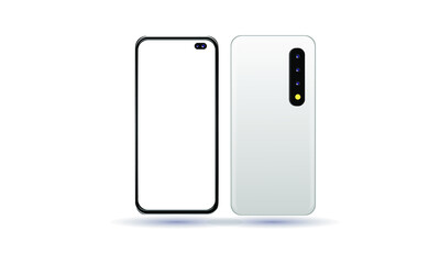 New modern frameless smartphones in black and white with blank screens and rear panels with cameras isolated on a white background