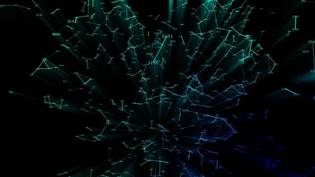 4k Rotating digital column with graph made of dot particles nodes.Quantum finance;Financial data.abstract neon geometrical lines with moving triangles and connection dots. 