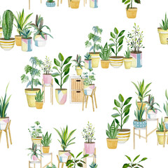 Fototapeta na wymiar Warecolor seamless pattern with house plants in pots and painted decorative greenery home decor collection for scrapboock paper, wrapping paper, wallpaper.