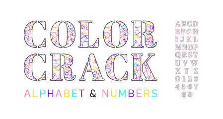 Set of colorful font letters and numbers with decorative сracked surface. Broken into colorful pieces. Isolated bright alphabet on white background. Colored mosaic lines inside letters. Outline style