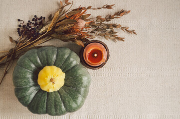 Festive autumn decor from pumpkins. Concept of Thanksgiving day or Halloween.