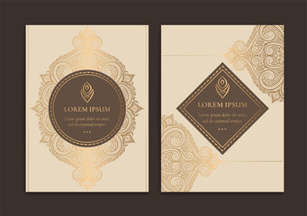 Beige invitation cards with golden frame design. Vintage ornament template. Can be used for background and wallpaper. Elegant and classic vector elements great for decoration.