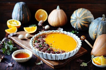 Pumpkin tart with pecans and oranges on a dark wooden background, still life