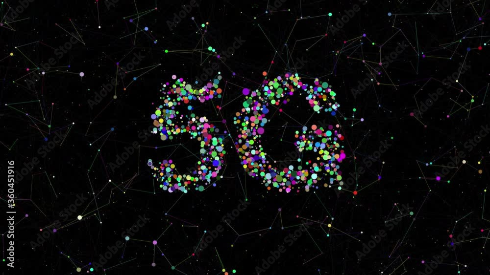 Poster 5g title made of circles with random colors. plexus elements around it. technology colorful backgrou