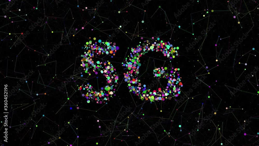 Poster 5g title made of circles with random colors. plexus elements around it. technology colorful backgrou