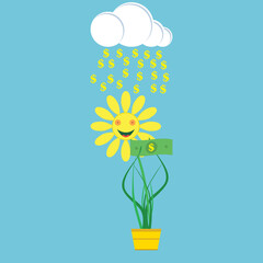 A white cloud pours money on a flower that holds a paper dollar. Rain of money and a happy joyful flower. Vector illustration.