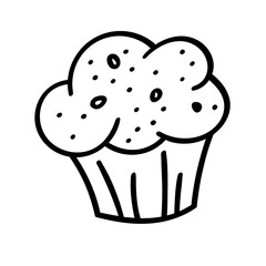 Sketch of an illustration with a Doodle style cupcake on a white background. Vector isolated object for decorating a pastry shop, restaurant menu, banner, textile.