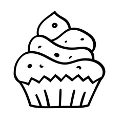 Sketch of an illustration with a Doodle style cupcake on a white background. Vector isolated object for decorating a pastry shop, restaurant menu, banner, textile.