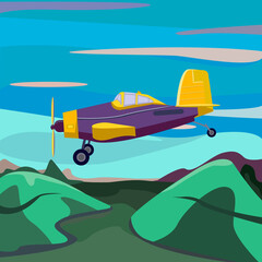 Cartoon cute plane is coming in to land. Airplane front view. Runway. Sunset. Vector illustration.Vector landscape with blue sky and greenery. Small agricultural plane on sky background. Stock 