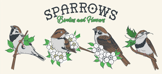 Sparrows and Flowers Original Drawings, Tattoo Designs Style 