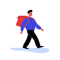 Fototapeta premium Flat illustration of a food delivery person walking with thermobags