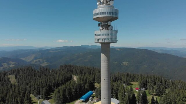 Snezhanka Tower -Television Tower In Pamporovo, Smolyan, Bulgaria. A Scenic View At Rhodope Mountains. - aerial drone
