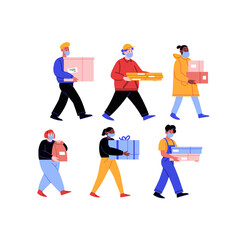 Flat illustration set of diversed food delivery people with boxes, pizza boxes and paper bags wearing medical face masks