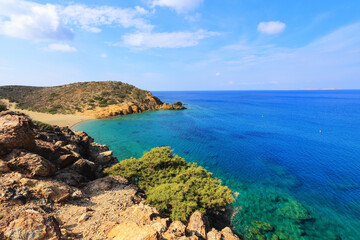 Island Crete, Greece. Empty beach with no travellers and tourists. Beautiful summertime view seascape. 2020 summer travel. Vacation cancellation, closed beaches. Romantic relax places.