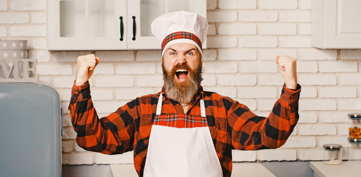 Master chef, cook or baker very happy of good taste with hand.