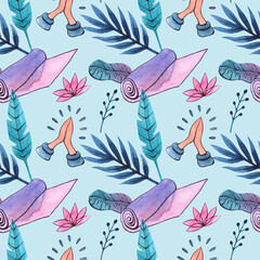 Watercolor seamless pattern with yoga elements
