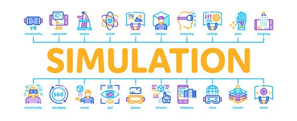 Simulation Equipment Minimal Infographic Web Banner Vector. Virtual Reality Vr Glasses And Simulation Device, 360 Degree View And Rotation Arrows Illustration