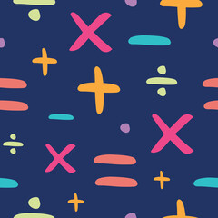 Fun doodle math sign seamless pattern with hand drawn elements. Perfect for school book cover, stationery, science themed design projects.