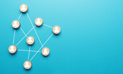 Abstract teamwork, network and community concept on a blue paper background