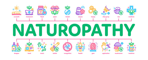Traditional Naturopathy Medicine Minimal Infographic Web Banner Vector. Naturopathy Alternative Therapy With Honey And Herb, Music And Mushrooms Illustration