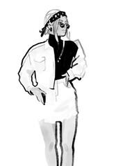 Fashion sketch of a girl in denim suit