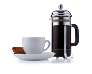 Individual cafetiere, and white expresso cup and saucer full of smooth expresso coffee, isolated on white with a slight drop shadow