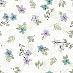 Vector Flowers in Blue Gray Pink Aqua with Green Leaves Arranged on White Background Seamless Repeat Pattern. Background for textiles, cards, manufacturing, wallpapers, print, gift wrap and