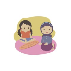 vector illustration of mother and child playing congklak at home, white background