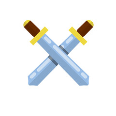 Crossed sword. Medieval knight's weapon. Soldier item. Symbol of war and battle. Logo and coat of arms. Cartoon flat illustration. Sharp blade and handle of blade