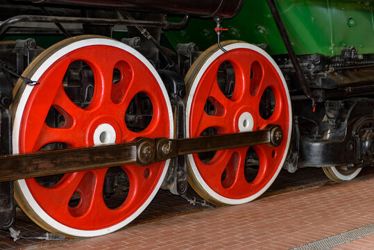 SAINT PETERSBURG, RUSSIA - MAY 17, 2018:  Wheels of a Passenger steam locomotive inside the Museum RZD (Russian Rail Ways)