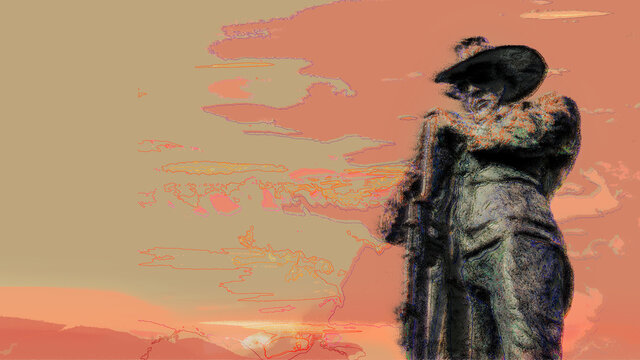 Anzac Day. Illustration of a Australian World War One Digger. The soldier is standing with a slouch hat and rifle against a sky. Vintage colour scheme, beige, orange and green. Remembrance Day.