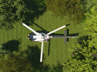 A helicopter is standing on the grass in a top view. Helipad in the forest among the trees. Aerial view. 3D render.