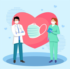 Obraz premium Vector illustration of a medical team and a heart and a medical antivirus mask