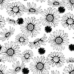 Black and White Daisies Vector Seamless Pattern