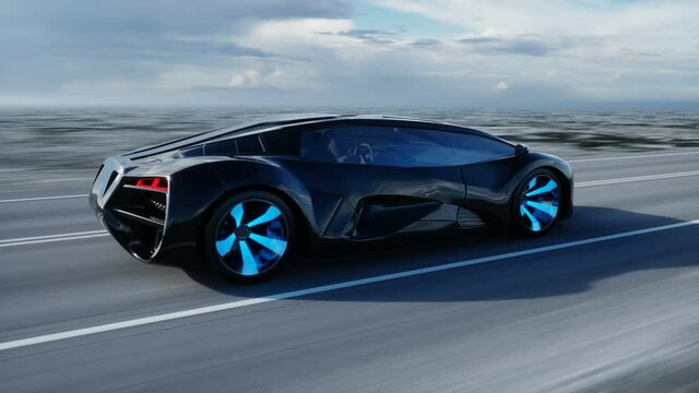 black futuristic electric car on highway in desert. Very fast driving. Concept of future. Realistic 4k animation.