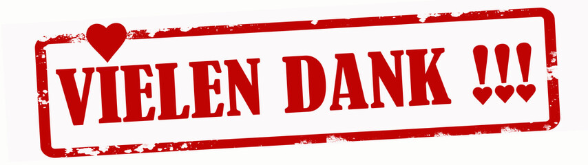 Roter Stempel zerkratzt (Banner) mit den Worten: "VIELEN DANK", und Herz Symbol, isoliert auf wei&szlig;em Hintergrund 