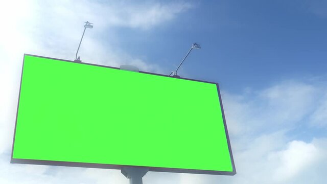 Green screen. Billboard over blue sky with clouds. Timelapse