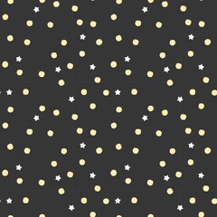 Vanilla yellow spot and star seamless pattern with dark grey background. Vector repeat design for bedding textile, nursery wallpaper or baby clothing.
