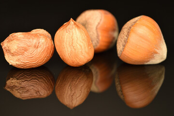 Hazelnuts, macro, on a black background.