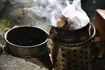beekeeper's smoker emitting a lot of fragrant smoke from rotting wood in the darkness of the forest...