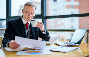 Elderly businessman using laptop and taking notes working while sitting in modern office. Selective Focus