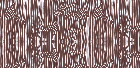 Vector illustration with wood texture. Vector background texture wood white on a brown background. Seamless endless horizontal background. Abstract curve lines doodle lines.